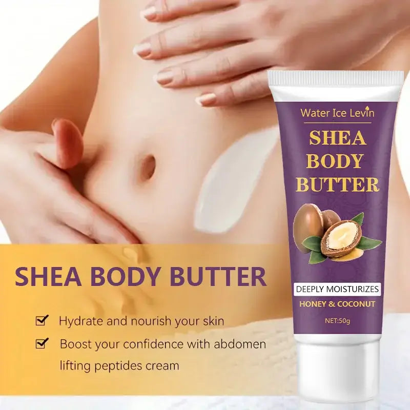 Water Ice Levin Shea Body Butter tube on skin, deeply moisturizing with honey and coconut, 50g packaging.
