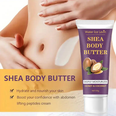 Water Ice Levin Shea Body Butter tube on skin, deeply moisturizing with honey and coconut, 50g packaging.