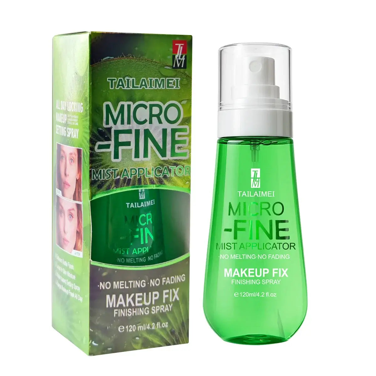 Frost Glow Cosmetics Makeup Setting Spray in green bottle with model enjoying mist for long-lasting fresh makeup.