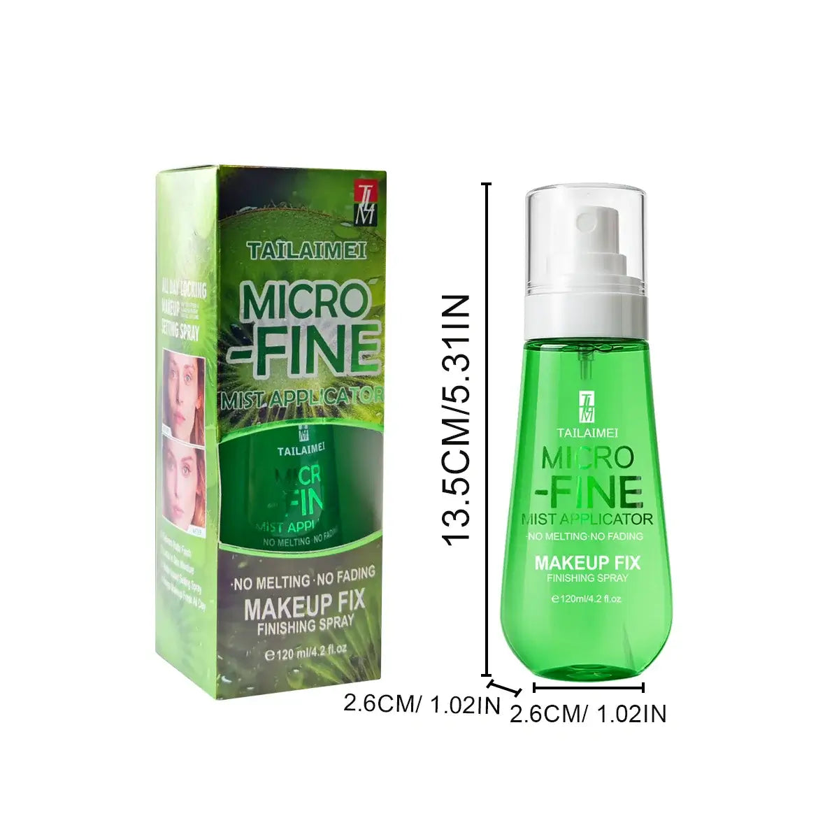Frost Glow Cosmetics Makeup Setting Spray in green bottle with model enjoying mist for long-lasting fresh makeup.