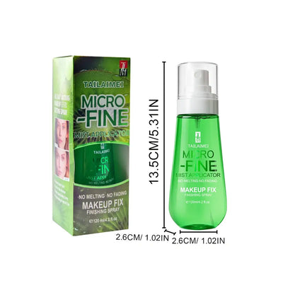 Frost Glow Cosmetics Makeup Setting Spray in green bottle with model enjoying mist for long-lasting fresh makeup.