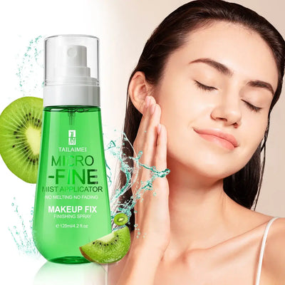 Frost Glow Cosmetics Makeup Setting Spray in green bottle with model enjoying mist for long-lasting fresh makeup.