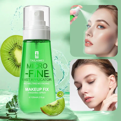 Frost Glow Cosmetics Makeup Setting Spray in green bottle with model enjoying mist for long-lasting fresh makeup.