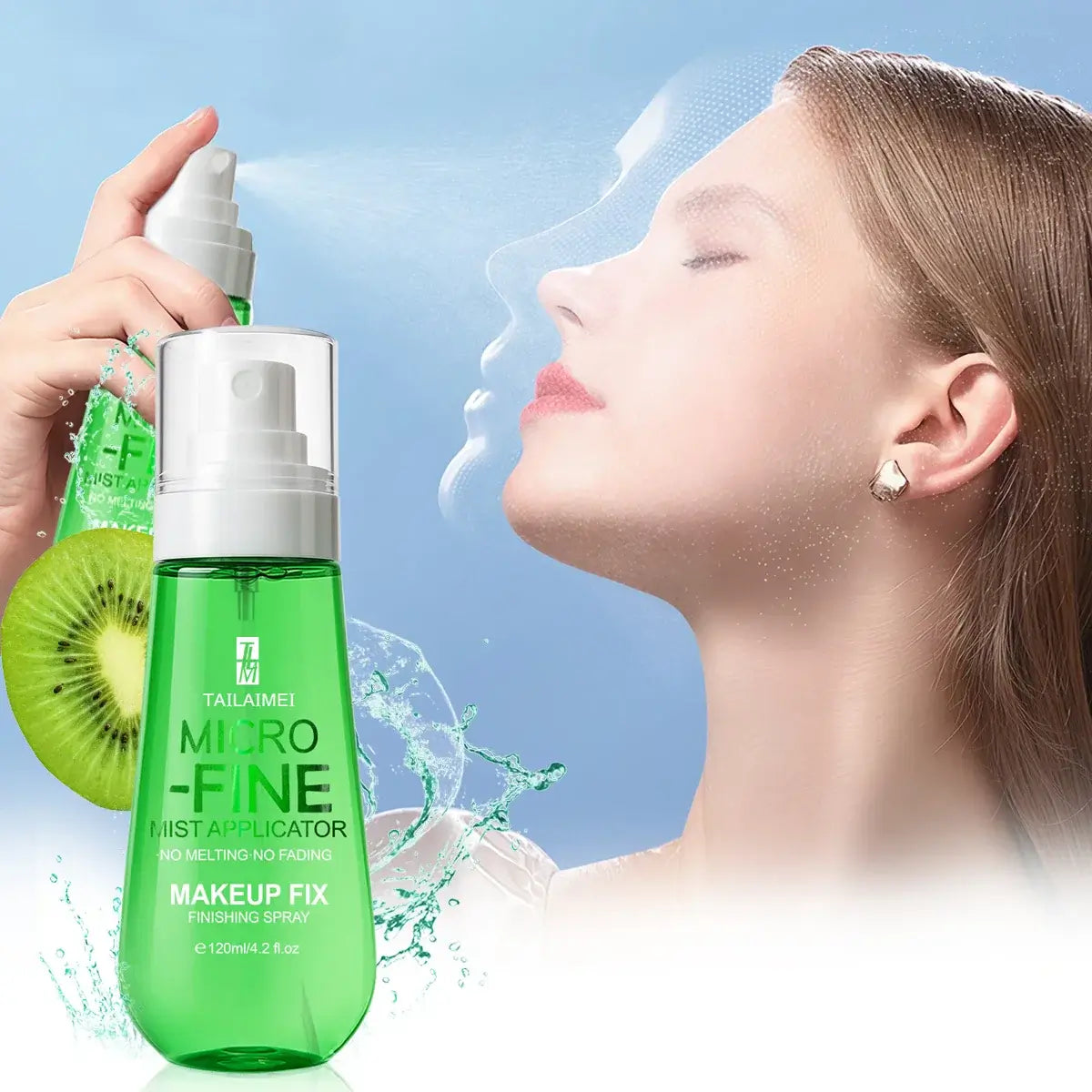 Frost Glow Cosmetics Makeup Setting Spray in green bottle with model enjoying mist for long-lasting fresh makeup.