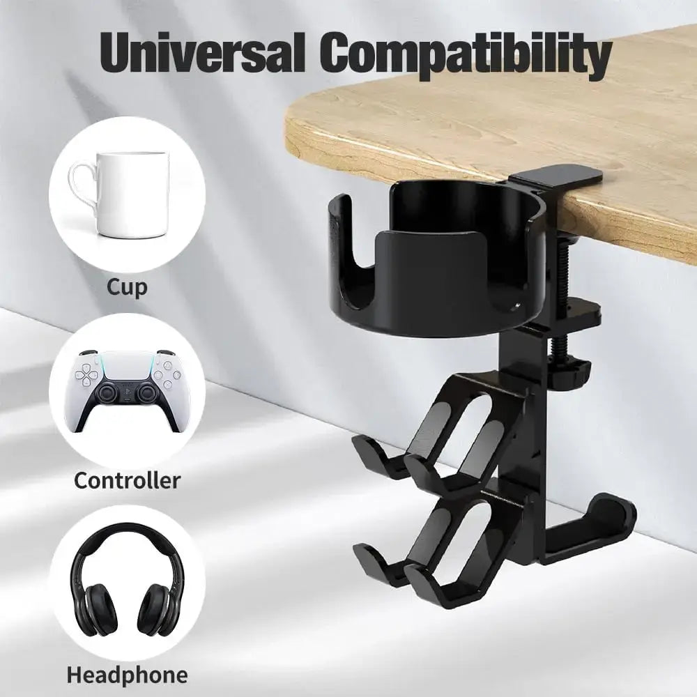 Frost Glow Cosmetics 360° rotating headphone holder & controller stand. Space-saving desk clamp design with adjustable hanger.