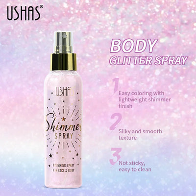 Three shimmer spray bottles for face and body by USHAS, showcasing radiant glow effects on skin.