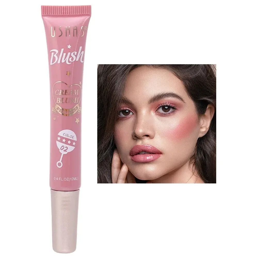 UShas cream blush in color 04 with model showing rosy cheeks for a natural makeup glow.