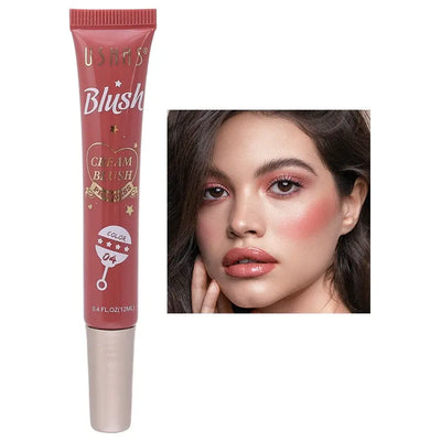 UShas cream blush in color 04 with model showing rosy cheeks for a natural makeup glow.