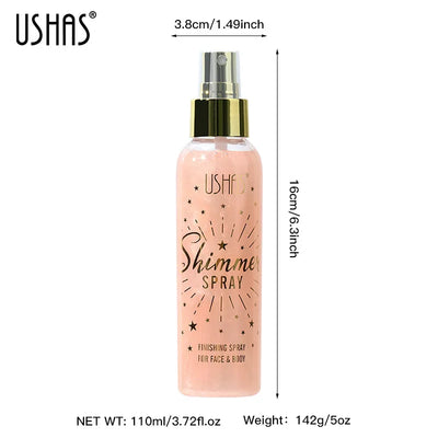 Three shimmer spray bottles for face and body by USHAS, showcasing radiant glow effects on skin.