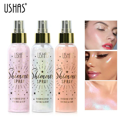 Three shimmer spray bottles for face and body by USHAS, showcasing radiant glow effects on skin.
