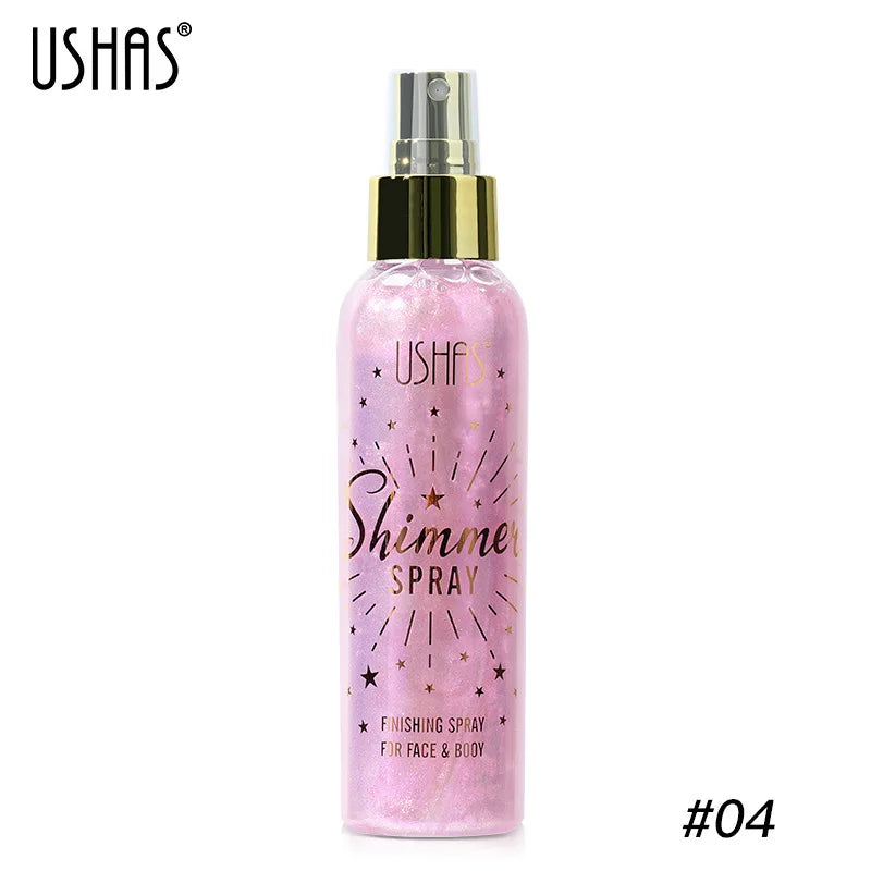 Three shimmer spray bottles for face and body by USHAS, showcasing radiant glow effects on skin.