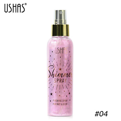 Three shimmer spray bottles for face and body by USHAS, showcasing radiant glow effects on skin.