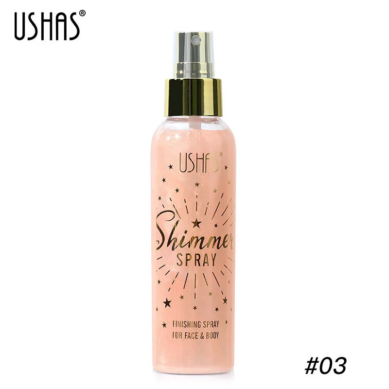 Three shimmer spray bottles for face and body by USHAS, showcasing radiant glow effects on skin.