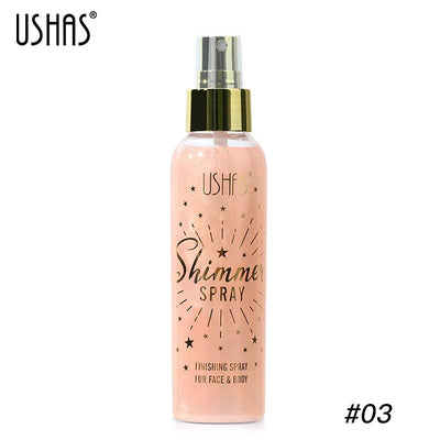 Three shimmer spray bottles for face and body by USHAS, showcasing radiant glow effects on skin.