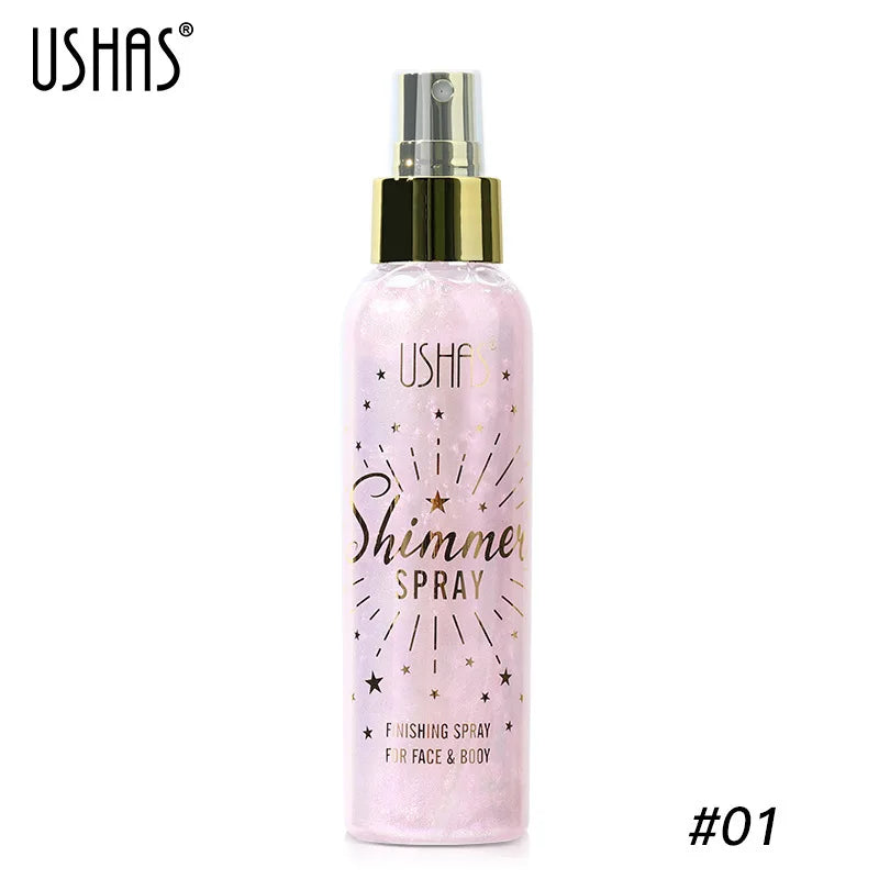 Three shimmer spray bottles for face and body by USHAS, showcasing radiant glow effects on skin.