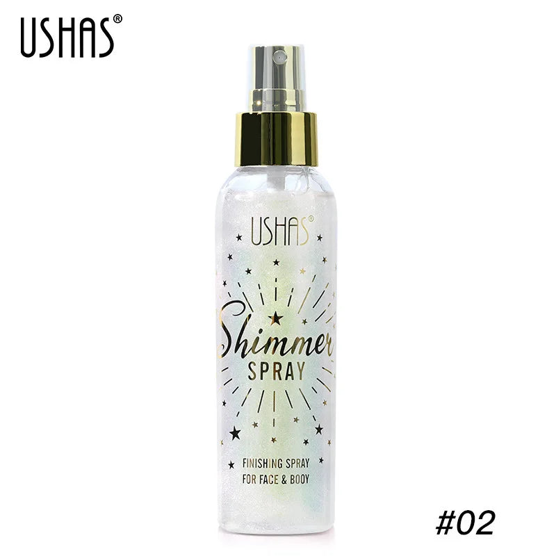Three shimmer spray bottles for face and body by USHAS, showcasing radiant glow effects on skin.