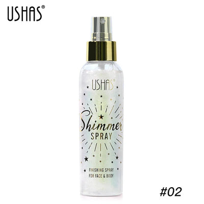 Three shimmer spray bottles for face and body by USHAS, showcasing radiant glow effects on skin.