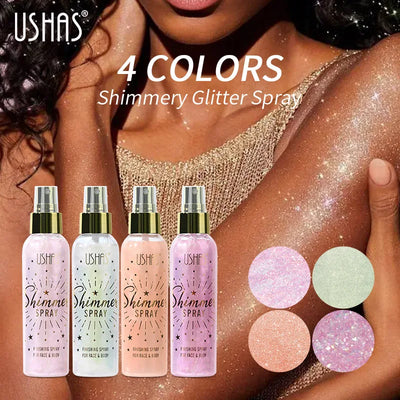 Three shimmer spray bottles for face and body by USHAS, showcasing radiant glow effects on skin.