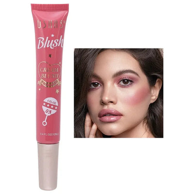 UShas cream blush in color 04 with model showing rosy cheeks for a natural makeup glow.