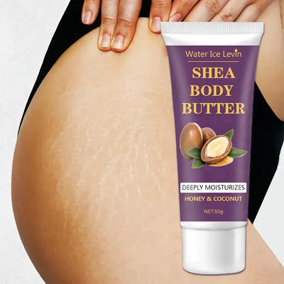 Water Ice Levin Shea Body Butter tube on skin, deeply moisturizing with honey and coconut, 50g packaging.