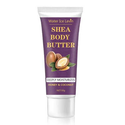 Water Ice Levin Shea Body Butter tube on skin, deeply moisturizing with honey and coconut, 50g packaging.