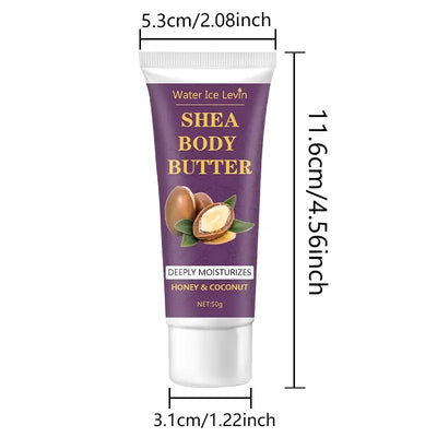 Water Ice Levin Shea Body Butter tube on skin, deeply moisturizing with honey and coconut, 50g packaging.