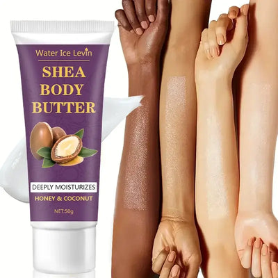 Water Ice Levin Shea Body Butter tube on skin, deeply moisturizing with honey and coconut, 50g packaging.